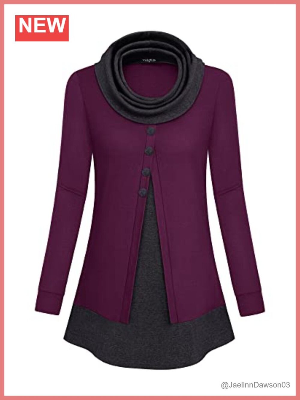 Womens Cowl Neck Long Sleeve Button Tunic Top Casual Loose Fit
